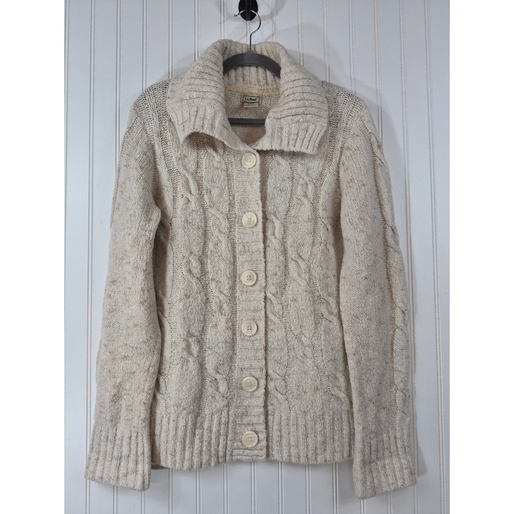 LL Bean Womens Large Cable Knit Wool Blend Cardigan Sweater Oatmeal Beige Cozy